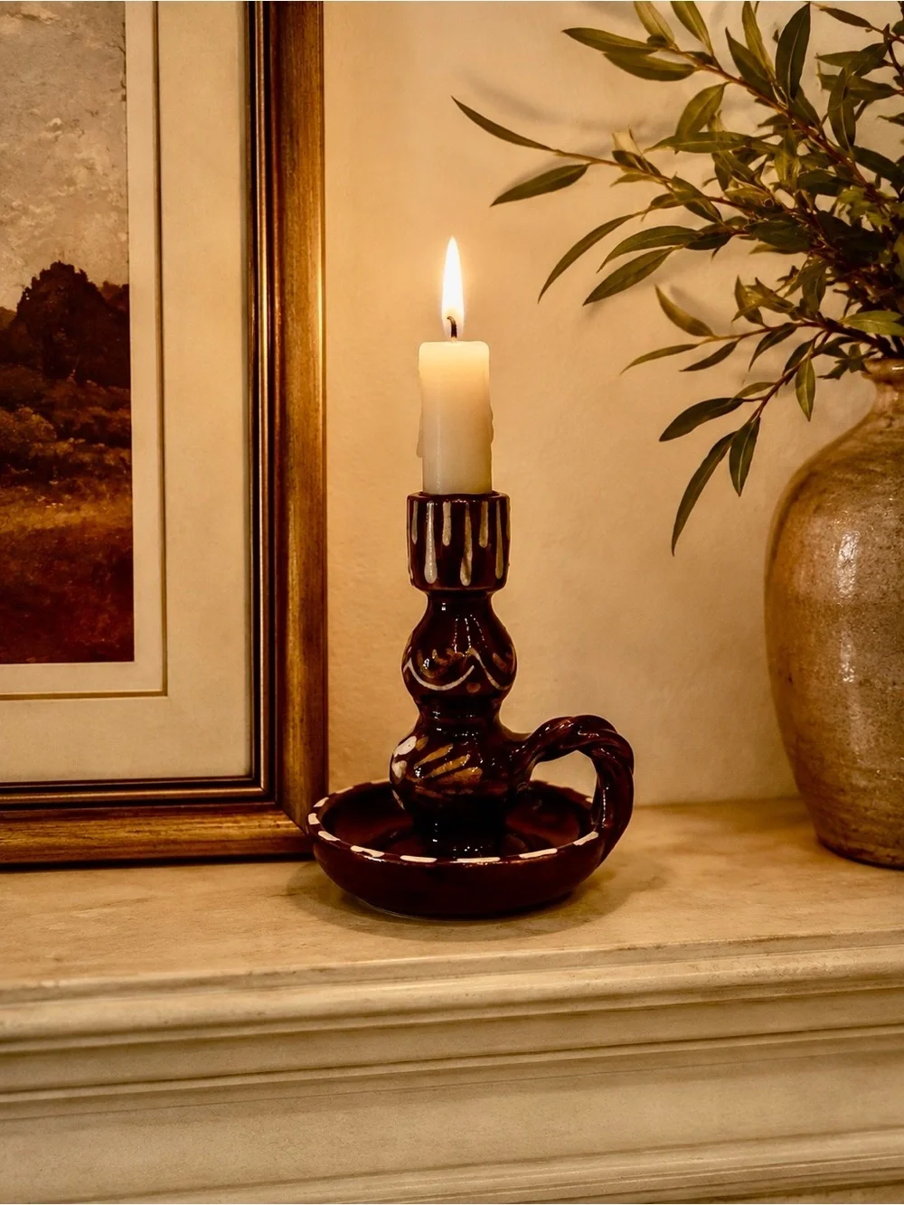 Vintage Soufflenheim Alsace Pottery Hand Painted Ceramic Candle Holder France